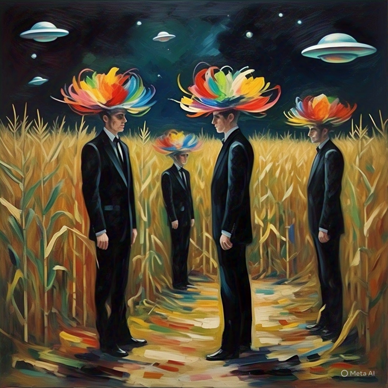 Flowerhead men in cornfield with ufo's above