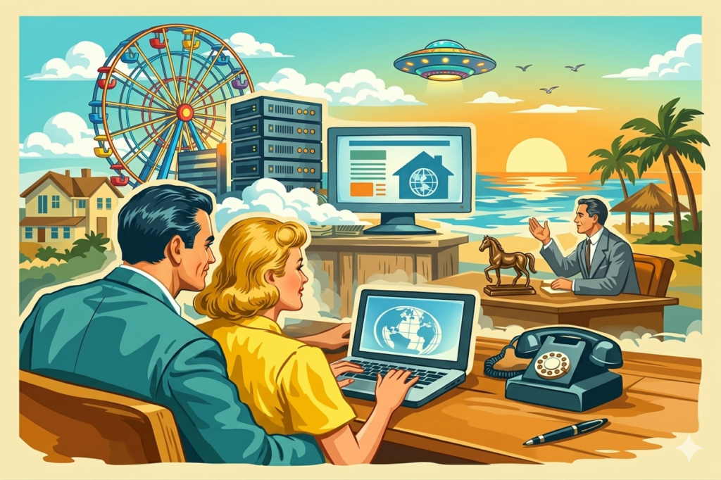 parody image of people ufos and ferris wheels in the office but outside with palm tress and pyramids at the ocean sunset